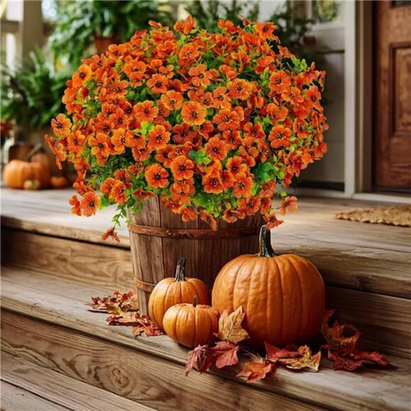 Artificial Fall Flowers Outdoor Fake Mums - 16 Bundles Fake Plants UV Resistant - Picture 3 of 7